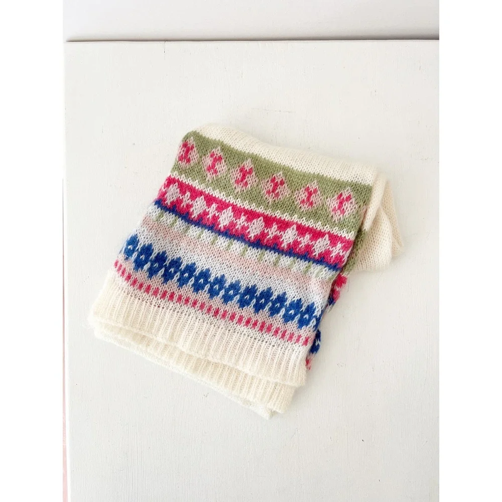 Boden Scarf Cream Fair Isle Mohair Wool Blend Knit Long Winter Scarf